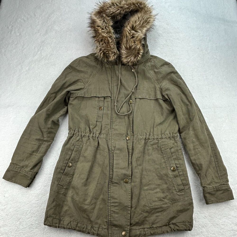 Loft Utility Jacket hood w faux fur Women's XS Olive Green Linen Blend